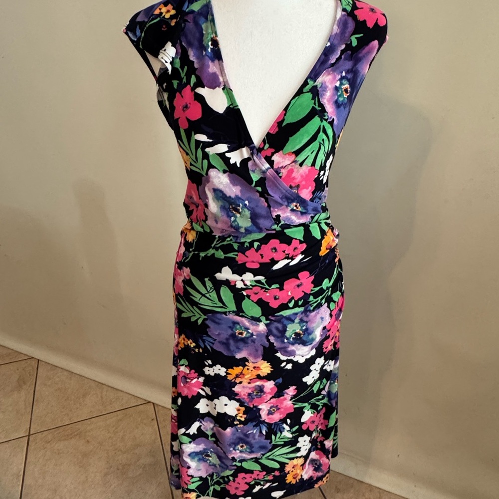 Ralph Lauren Pink and Purple Ruched Wrap Midi Dress